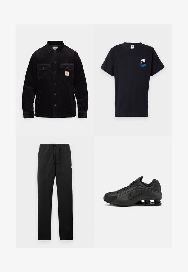 Schwarze Cordjacke mit zwei Brusttaschen mit Klappen, einem Knopfverschluss und einem Logopatch auf der linken Tasche. Strukturierter Stoff.; Schwarzes Baumwoll-T-Shirt mit kurzen Ärmeln, das auf der Vorderseite ein weißes Nike-Logo und einen blauen Text "NUR FÜR BEFUGTES PERSONAL" zeigt.; Schwarze Sweatpants aus Fleece, mit einem elastischen Bund mit Kordelzug, zwei Fronttaschen und einem kleinen Logo auf dem Oberschenkel.; Schwarze Laufschuhe mit einem glatten synthetischen Obermaterial, durchbrochenen Akzenten, strukturierten Seitenpaneelen und einer ausgeprägten federnden Sohle.
