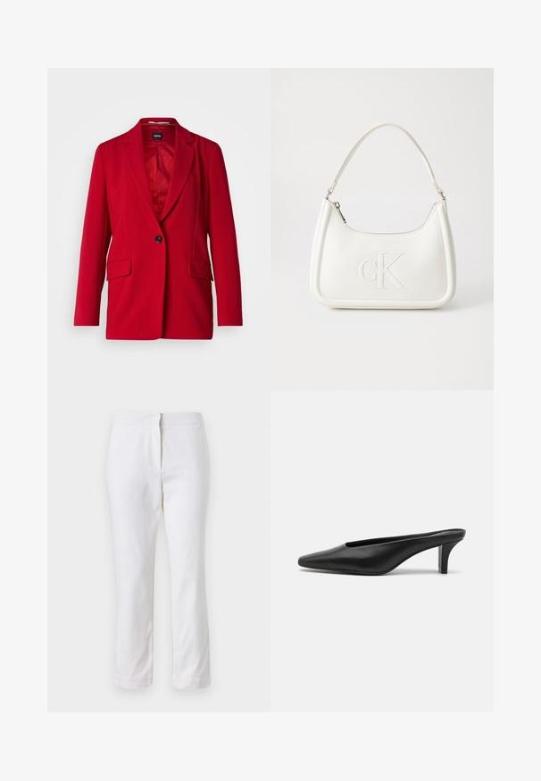 BOSS JOCALUAH - Lühike jakk - bright red; Valge lühikeste varrukatega T-särk ribatud kangast. Ümara kaelusega, tavalisest sobivusest ja peente õmbluse detailidega. Ilma mustrite või graafikateta.; Valged puuvillased püksid sirge lõikega, keskmise kõrgusega vöökoht ja ilma nähtavate detailide või mustriteta. Ühtlane sile tekstuur.; Mustadast mustad nahast teravatipulised mules madala stilletokontsaga. Sile tekstuur, minimalistlik disain ja avatud selg mugavaks selga panemiseks.; Valge nahast käekott, millel on kumer kuju, esiküljel on reljeefne "CK" logo ja üks õlavarre rihm. Ülemine tõmblukkuu.