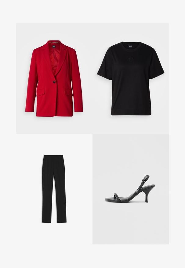 BOSS JOCALUAH - Kort kappa / rock - bright red; Svart bomullströja med rund halsringning, korta ärmar och en broderad logotyp på bröstet. Enkel, avslappnad passform utan mönster.; Svarta skräddarsydda byxor med rak bendesign, som har framfickor och ett slätt, strukturerat tyg. Prydlig, minimal detaljer.; Svarta läder högklackade sandaler med en smal, böjd klack och ett korsat remdesign. Justerbar ankelrem. Slät textur.