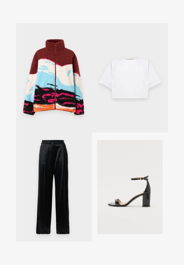 Stieglitz MEKI JACKET - Flīsa jaka - brown; Izgriezta balta T-krekla no mīksta auduma, ar īsām piedurknēm, apaļu apkakli un ribota apakšmala. Vienkāršs un neizpušķots dizains.; Melnas augstās vidukļa satīna bikses ar taisnām platiem kājām, jostu cilpām un plakanu priekšējo aizdari uz viendabīga balta fona.; Melnas patentā ādas sandales ar platām papēžiem, atvērtu purngalu un potītes siksniņu ar zelta sprādzi. Gluda tekstūra un elegants dizains.