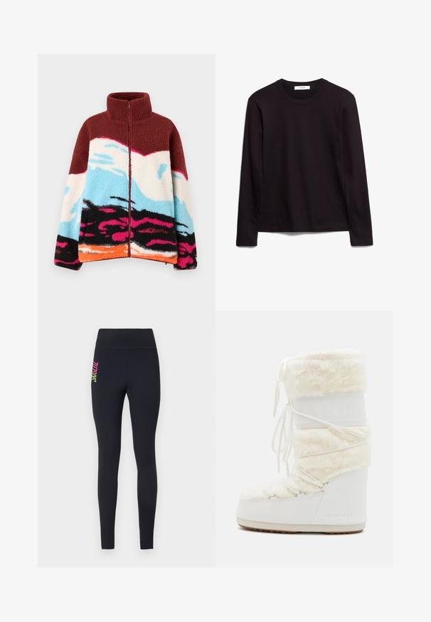 Stieglitz MEKI JACKET - Flīsa jaka - brown; Melnas garām piedurknēm T-krekls ar apaļu kakla izgriezumu, izgatavots no teksturēta auduma, ar taisnu apakšmalu un izšūti akcenti uz apkakles un pleciem.; Melni legingi, izgatavoti no elastīga materiāla, ar augstu jostasvietu un krāsainu vertikālu apzīmējumu kreisajā gurnā rozā un zaļā krāsā.; Balti mēness zābaki ar mākslīgo kažoku augšdaļā, auklu priekšpusē un gumijas zoli. Strukturēta apdare un ieembosēts logo sānos. Masīva, polsterēta konstrukcija.