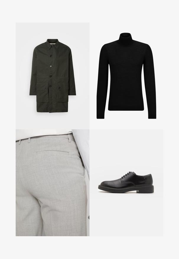 Olíva zöld, térd hosszúságú kabát tartós anyagból, gombos záródással, galléros nyakkal és két elülső fedeles zsebbel.; Fekete garbó pulóver puha anyagból, hosszú ujjakkal és szoros fazonnal. Ribbed díszítés az alján és az ujjak végén. Egyszerű dizájn.; Világosszürke, texturált anyagból készült szabott nadrág, egyetlen hátsó zsebbel és tiszta varrással.; Fekete bőrcipő, kerek orrú, sima felületű, minimális varrással és alacsony gumitalppal. Logó a sarokrészen.