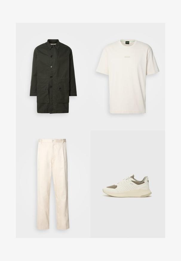Õlivaheline, põlve pikkusega jakk vastupidavast kangast, millel on nupuluku, kraega kaelus ja kaks esist pikkust taskut.; BOSS TEE - Lihtne T-särk - open white; Beesidised puuvillased püksid sirge jala lõikega, mis on varustatud nööpkinnituse ja ees olevate voltidega, et lisada detaili.; Valge ja heledat beeži värvi spordijalats, millel on õhuke võrkmaterjal, perforatsioonidega detailid ning tekstuuriga vahetald, millel on brändi logo kannaosas.