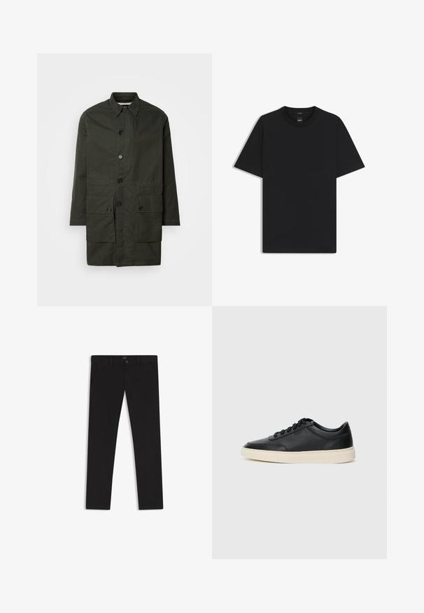 Olivgrüner, knielanger Mantel aus strapazierfähigem Material mit Knopfverschluss, Kragen und zwei vorderen Klapptaschen.; Schwarz T-Shirt mit kurzen Ärmeln aus einem glatten Baumwollmix, mit Rundhalsausschnitt und einem minimalistischen Design ohne Muster oder Akzente.; Schwarze Hosen aus einem Stoff mit glatter текстуре. Verfügt über einen Knopfverschluss, Gürtelschlaufen und Seitentaschen. Klassisches Design mit geradem Bein.; Schwarzer niedriger Ledersneaker mit schwarzen Schnürsenkeln und cremefarbenem Sohlenrand, seitlich auf weißem Hintergrund dargestellt.