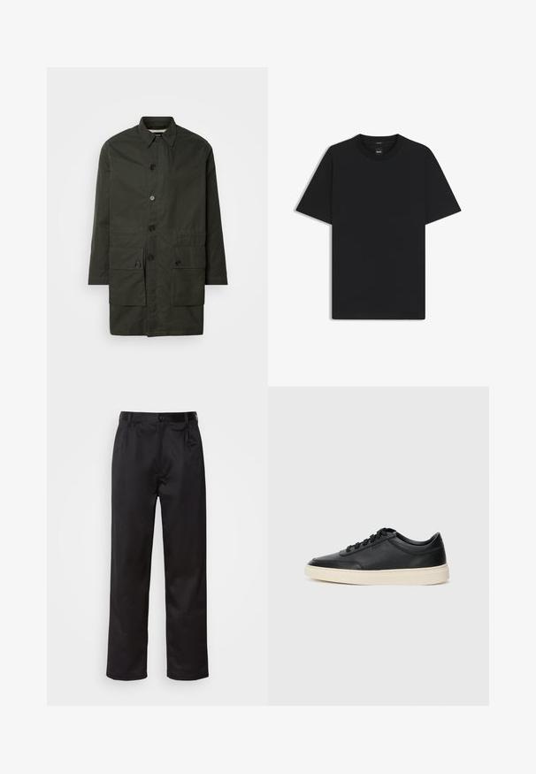 Olijfgroen, knielang jasje van een duurzame stof met een knoopsluiting, kraag en twee voorzakken met klep.; Zwarte korte mouwen T-shirt van een gladde katoenmix, met een ronde halslijn en een minimalistisch ontwerp zonder patronen of accenten.; Zwarte broek van een gladde stof, met een sluiting met een knoop aan de voorkant, plooien en rechte pijpen. Geen zichtbare patronen of accenten.; Zwarte leren sneaker met lage schacht, zwarte veters en off-white zool, weergegeven in zijprofiel op een witte achtergrond.