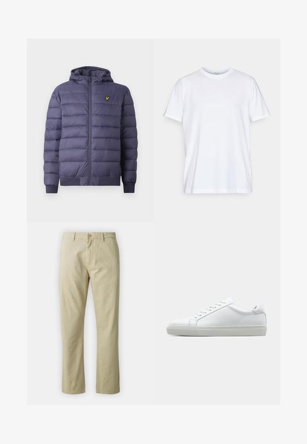 Vīriešu tumši zilā kurpēta pūkainā jakā ar kapuci, priekšējo rāvējslēdzēju, ribotām aprocēm un mazu dzeltenu putna logotipu kreisajā krūtīs.; Balta kokvilnas T-krekls ar īsām piedurknēm, apaļu kakla izgriezumu un brīvu piegriezumu. Iezīmē minimālisma dizainu, bez rakstiem vai akcentiem.; Beidzīgo kokvilnas bikses ar taisnu kāju piegriezumu, priekšējo pogu aizdari un jostas cilpām. Gluda tekstūra, nav redzamu rakstu vai akcentu.; Baltie sporta apavi ar gludu ādas virsu un zemu profilu. Iezīmējas ar noapaļotu purngalu, sešām acīm un teksturētu gumijas zoli.