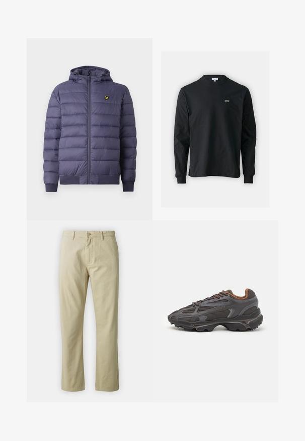 Muška tamnoplava krevetna jakna s kapuljačom, prednjim patentnim zatvaračem, rebrastim manžetama i malim žutim ptičjim logotipom na lijevoj strani prsnog koša.; Crna majica dugih rukava od pamuka, s okruglim izrezom i malim zelenim izvezenim logotipom krokodila s lijeve strane prsnog dijela.; Bež pamučne hlače s ravnim nogavicama, prednjim zatvaranjem na dugme i petljama za remen. Glatka tekstura, bez vidljivih uzoraka ili naglaska.; Lacoste tenisice u tamno sivoj boji s mrežastim i sintetičkim materijalom, s teksturiranom potplatom i smešnim akcentima na ovratniku i brandiranju.