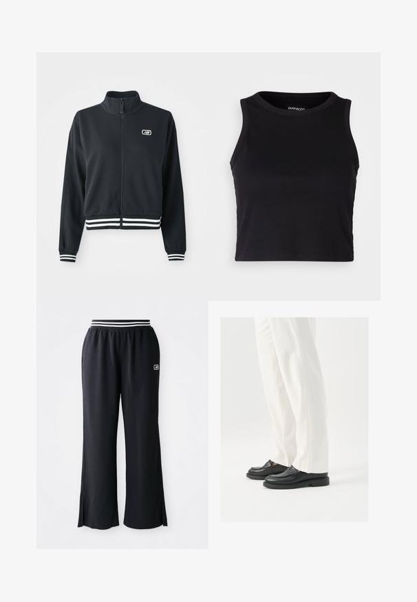 Mustmust coode, mille kõrge kraega, valgete triipudega mansetid ja allääred, rinnal on väike logo. Sile kangastekstuuri.; Mustard ribaga lõhikuga crop top, millel on ümar kaelus ja ilma varrukateta disain. Valmistatud pehmest ja venivast kangast, millel on puhtad äärised.; Mustad sportpüksid laia sääre disainiga, elastse vöökoha, kus on mustad ja valged triibud, ning külgslõikega all ääres.; Mustad musta nahast loafers, millel on sile tekstuur, õmblustäiendused ja ümar nina, koos valgete kohandatud pükstega.