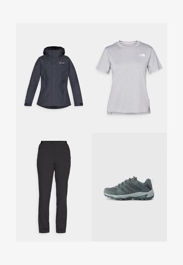Mørk grå vanntett jakke med hette, med glidelås, justerbare mansjetter og logo på venstre bryst. Glatt tekstur.; Grå kortermet t-skjorte laget av myk, fukttransporterende stoff. Har en rund hals og en liten hvit logo på øvre venstre side.; Sorte utendørsbukser laget av lett stoff har en rett bendesign, glidelåslommer på siden og en justerbar midje.; Mørkegrå fjellstøvler med mesh og semsket overdel, snøring, polstret såle og robust yttersåle med grep mønster.