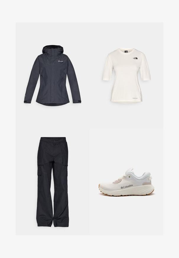 Sötétszürke vízálló dzseki kapucnival, cipzáros záródással, állítható mandzsettákkal és bal mellen elhelyezett logóval. Simább textúrájú.; The North Face SHADOW SHORT SLEEVE - Sportfelső - white dune; Columbia BREA FALLS™ COTTON RIPSTOP PANT - Szabadtéri nadrágok - black; Könnyű Columbia sportcipő fehér hálóból, texturált szürke talppal és gumis csúszásmentes betéttel. Jellemzője a párnázott gallér és a fűzős kialakítás.