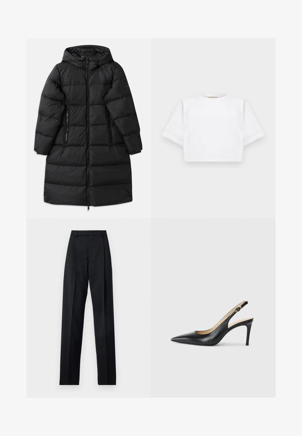 Fekete puffermellény kapucnival, steppelt mintával, két cipzáros oldalzsebbel és teljes hosszúságú cipzárral. Simább textúra.; Rövid ujjú, puha anyagból készült, vágott fehér póló, kör alakú nyakkivágással és bordázott alsó résszel. Egyszerű és díszítetlen kialakítás.; Fekete nadrág sima anyagból, magas derékkal, széles lábakkal, elülső redőkkel és klasszikus övhurkokkal. Oldalzsebek nem láthatók.; Fekete bőrből készült, hegyes orrú, állítható pánttal rendelkező magassarkú szandál, elegáns tűsarokkal, sima felülettel.
