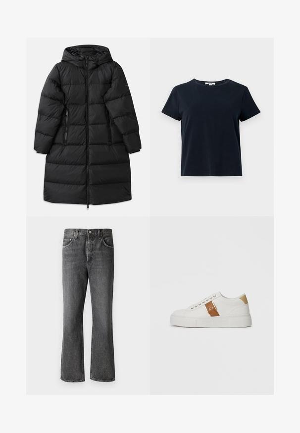 Čierna nafúknutá bunda s kapucňou, ktorá má prešívaný dizajn, dve bočné vrecká na zips a celoplošný zips na zapínanie. Hladká textura.; Tmavomodré tričko s krátkym rukávom, vyrobené z mäkkej bavlny, s okrúhlym výstrihom a voľným strihom. Žiadne viditeľné vzory ani akcenty.; Tmavošedé džínsy z denimu s rovnými nohavicami, dizajnom s piatimi vreckami a kovovými detailmi na páse a vreckách.; Biele nízkopodrážkové tenisky s béžovým opätkom, hnedým koženým pásikom so zlatou sponou a značkou A|X, a embosovanou podrážkou Armani Exchange.