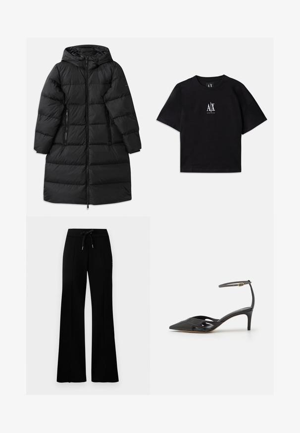 Zwarte pufferjas met een capuchon, voorzien van een gewatteerd ontwerp, twee met rits gesloten zijzakken en een ritsluiting over de volle lengte. Glad van structuur.; Zwart katoenen t-shirt met korte mouwen en een ronde hals. Heeft een wit logo in het midden van de borst. Eenvoudig, minimalistisch ontwerp.; Zwarte brede sweatpants met een tailleband met veters, zijslitsaccenten, zachte stof en een strakke uitstraling.; Zwarte leren hoge hak met een spitse neus, open zijkanten en een dunne enkelband met een klein gouden hardwaredetail.