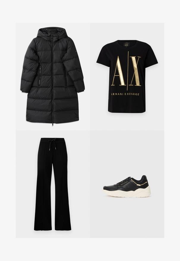 Svart puffjacka med huva, med en quiltad design, två dragkedjefickor på sidorna och en dragkedjestängning i full längd. Slät textur.; Svart bomull t-shirt med tydlig guld "A/X" logotyp och texten "ARMANI EXCHANGE", korta ärmar, rund halsringning, mjuk textur.; Svarta vida sweatpants med dragsko i midjan, sidofickor, mjukt tyg och en stilren design.; Svarta lädersneakers med en robust krämfärgad sula, accentuerad med en kedja i guldton och svarta snören. Slät textur med präglad logotyp på sidan.