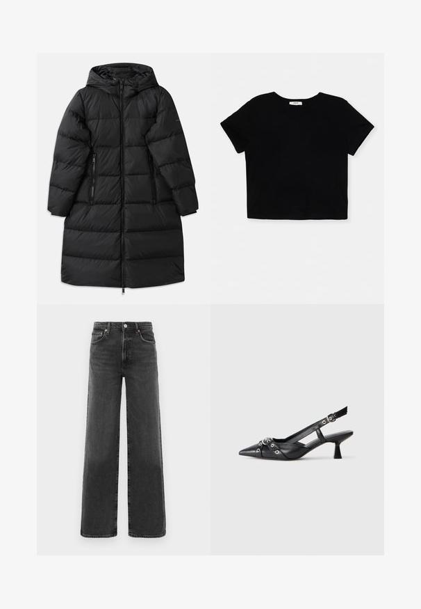 Zwarte pufferjas met een capuchon, voorzien van een gewatteerd ontwerp, twee met rits gesloten zijzakken en een ritsluiting over de volle lengte. Glad van structuur.; Zwart cropped T-shirt van zachte katoen, met korte mouwen, een ronde halslijn en een nette zoom zonder versieringen.; Zwarte high-waist straight leg denim jeans met een voorste knoop en ritssluiting, twee voorzakken en twee achterzakken.; Zwarte leren slingback schoen met een puntige neus, decoratieve banden met metalen oogjes en een lage blokhak. Textuur oppervlak.