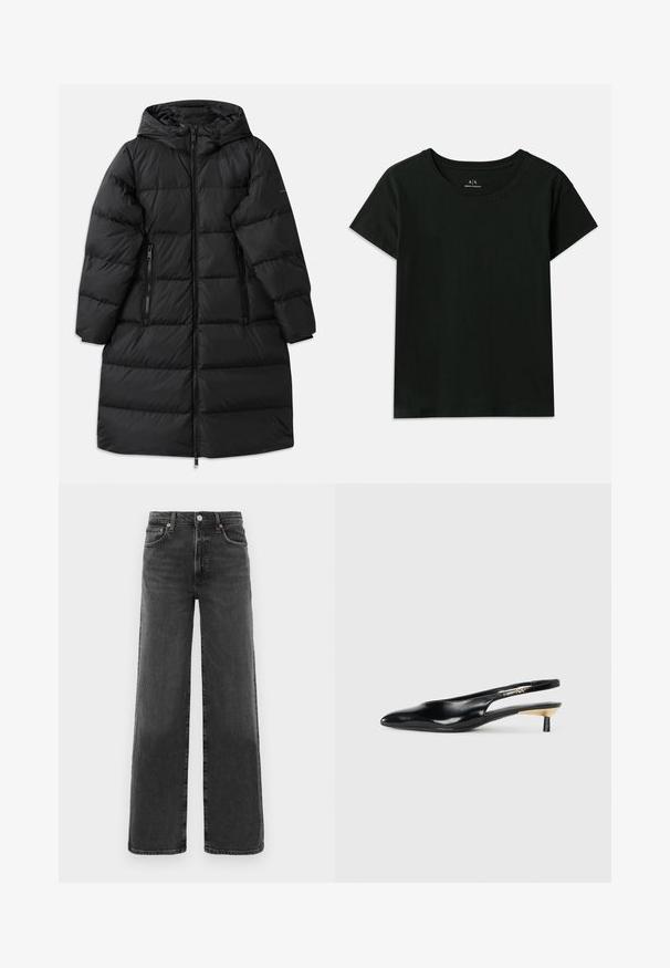 Schwarze Daunenjacke mit Kapuze, ausgestattet mit einem gesteppten Design, zwei seitlichen Reißverschlusstaschen und einem durchgehenden Reißverschluss. Glatte Textur.; Schwarzes kurzärmeliges T-Shirt aus Baumwolle. Verfügt über einen Rundhalsausschnitt und geprägten "Armani Exchange"-Schriftzug entlang der Schulter. Einfaches Design.; Schwarze, hochtaillierte, gerade geschnittene Jeans aus Denim mit vorderem Knopf und Reißverschluss, zwei vorderen Taschen und zwei hinteren Taschen.; Schwarze Slingback-Pumps mit spitzem Zehenbereich, glänzendem Lederfinish und kleinem Absatz mit goldenen Akzenten. Elegantes Design mit offenem Rücken.