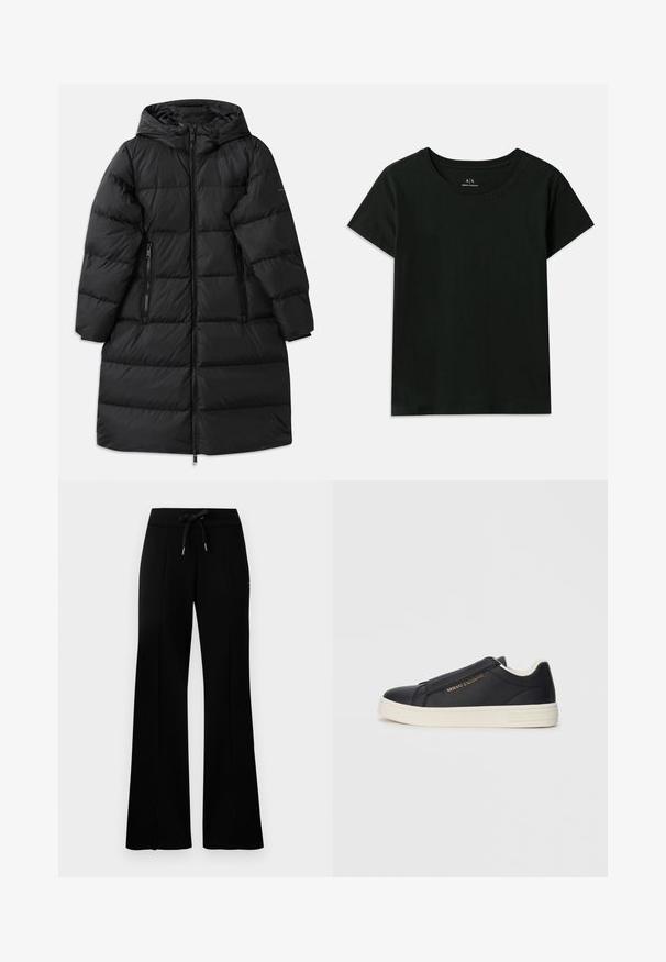 Must musta jope kapuutsiga, millel on tikandiga muster, kaks lukuga külge taskut ja täispikk lukku sulgemine. Sile tekstuur.; Must have lühikeste varrukatega must T-särk, mis on valmistatud puuvillast. Omab ümarat kaelaauku ja sissepressitud "Armani Exchange" teksti õlavarre pikkuses. Lihtne disain.; Musthave laiad mustan värvi dressipüksid, millel on reguleeritav vöökoht, külgedel lõhikud, pehme kangas ja elegantne disain.; Mustadast mustad nahast slip-on spordijalatsid valge tallaga, kullavärvi "Armani Exchange" logo külgedel ja minimalistlik õmblusdetail.