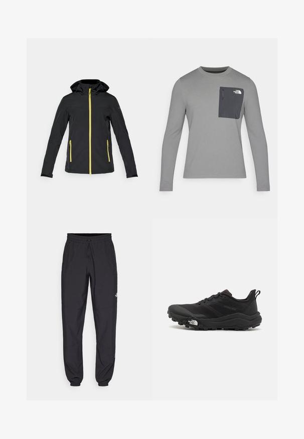 Schwarze Jacke mit gelbem Reißverschluss und Akzenten. Verfügt über eine Kapuze, zwei Seitentaschen und ein tailliertes Design. Hergestellt aus glattem, flexiblem Material.; Langärmliges graues Shirt aus strukturiertem Stoff, mit einer dunkelgrauen Brusttasche und einem Reißverschluss. Logo in Weiß auf der Tasche.; Schwarze Sporthosen aus leichtem Stoff, mit einem Kordelzugbund, seitlichen Taschen und schmal zulaufenden Bündchen an den Knöcheln.; Schwarzer Trailrunning-Schuh mit strukturiertem Obermaterial, Gummisohle und verstärkter Zehenkappe. Verfügt über einen gepolsterten Kragen und eine Ziehlasche für einfaches Anziehen.