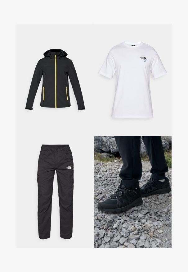 Schwarze Jacke mit gelbem Reißverschluss und Akzenten. Verfügt über eine Kapuze, zwei Seitentaschen und ein tailliertes Design. Hergestellt aus glattem, flexiblem Material.; The North Face EXPLORE CARABINER RELAXED TEE UNISEX - T-Shirt print - white; Schwarze Cargohosen aus leichtem Stoff. Mit seitlichen Reißverschlusstaschen und einem Logo am linken Oberschenkel. Gerade Beinform.; Schwarze Outdoor-Schuhe aus Mesh und synthetischem Material, mit einer strukturierten Oberseite, gesichertem Schnürsystem und griffiger Laufsohle, auf felsigem Gelände.