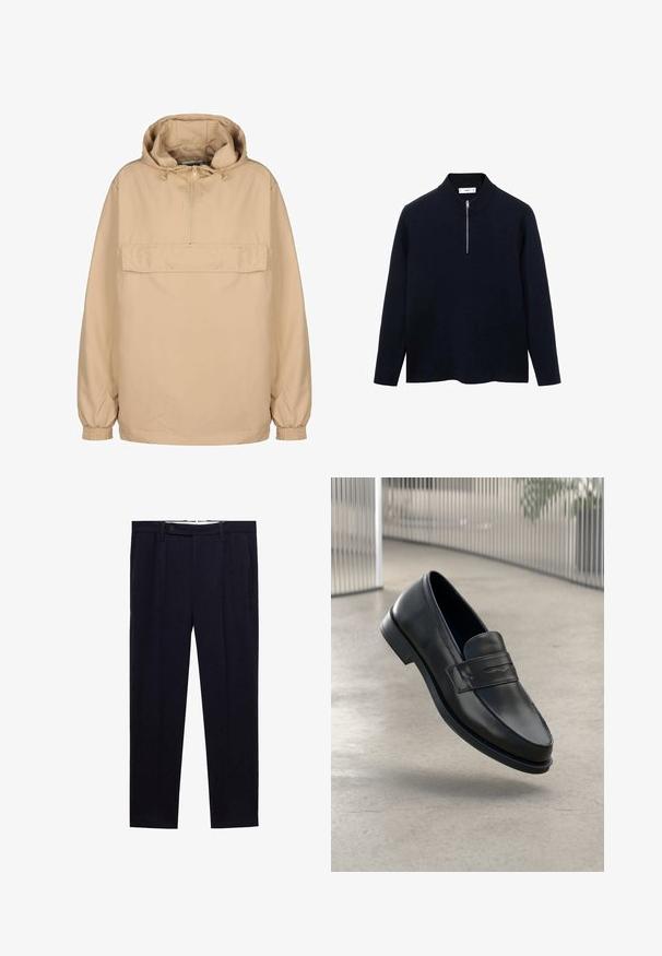 Giacca a pullover con cappuccio beige, con mezza zip, tasca frontale, polsini elasticizzati e vestibilità comoda, realizzata in materiale leggero e liscio.; Pullover navy con maniche lunghe, colletto alto e mezza zip frontale. Realizzato in tessuto liscio con una vestibilità rilassata e spacchi laterali all'orlo.; T-shirt bianca in cotone con scollo rotondo, indossata con pantaloni plissettati blu navy e una cintura in pelle marrone con fibbia dorata.; Pantaloni blu navy con design a gamba dritta, doppi pinces e chiusura con bottone in vita. Realizzati in un tessuto liscio senza motivi.; Mocassino in pelle nera con texture liscia, punta appuntita e una fascia decorativa sul collo del piede. Suola leggera, design minimale.