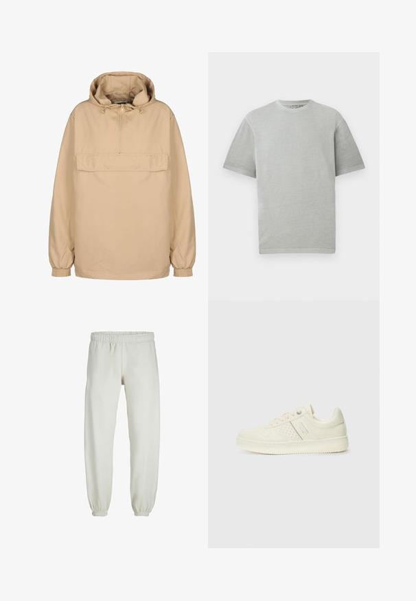 Beige huva pullover jacka med halvdragkedja, framficka, elastiska cuffs och en avslappnad passform tillverkad av ett mjukt, lätt material.; Ljusgrå t-shirt med korta ärmar och rundad hals, uppställd mot en enkel vit bakgrund.; Vita sweatpants gjorda av mjukt tyg, med elastisk midja och muddar, samt en slät textur och lös passform.; Krämfärgad sneaker med perforerade detaljer, snören och logotyp på sidan, visad mot en enkel vit bakgrund.