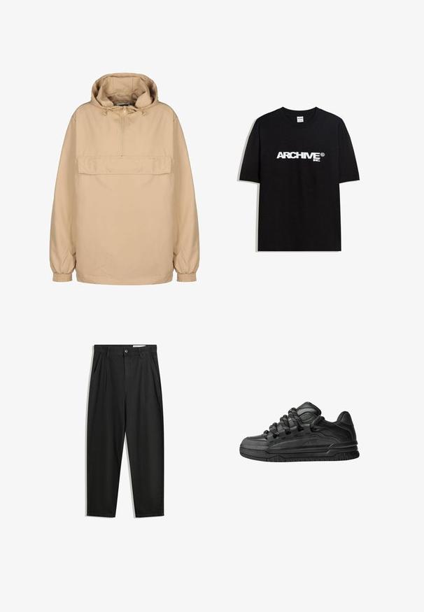 Bež jakna s kapuljačom i polu-zipom, prednjim džepom, elastičnim manžetama i opuštenim krojem, izrađena od glatkog, laganog materijala.; Crna pamučna majica s bijelim 'ARCHIVE inc.' logotipom preko prsa, kratkim rukavima i okruglim izrezom.; Crne pamučne hlače s opuštenim krojem, s klasičnim pojasom, prednjim nabranjima i bočnim džepovima. Glatka tekstura bez uzoraka.; Crne tenisice s glatkom kožnom gornjom površinom, teksturiranim detaljima i okruglim crnim i bijelim vezicama. Debeli gumeni potplat s uzorkom.