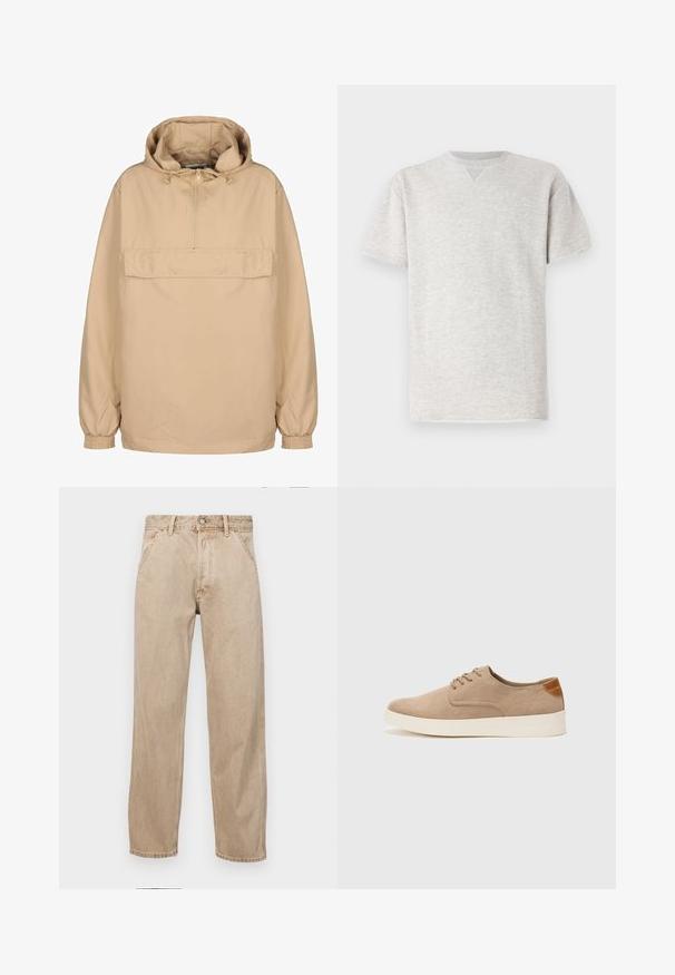 Bež kapuutsiga pullover-jakk, millel on pool tõmblukk, esi-tasku, elastsed mansetid ja mugav lõige, mis on valmistatud siledast, kergest materjalist.; Hallikas lühikese varrukaga t-särk, mis on valmistatud pehmest kangast. Omab klassikalist ümarat kaelaava ja vaba lõikega, millel on õrn heleda tekstuur.; Bežidemini teksased sirgjoonise kujundusega, front pocket'itega, metallist nööbi kinnitusega ja peene tekstuuriga.; Beežid nahast tossud ümarate varvastega, paeltega esiosa ja tekstuuriga tagakontuuriga. Valge kummist tallapakkumine loob kontrasti. Lihtne ja kaasaegne disain.