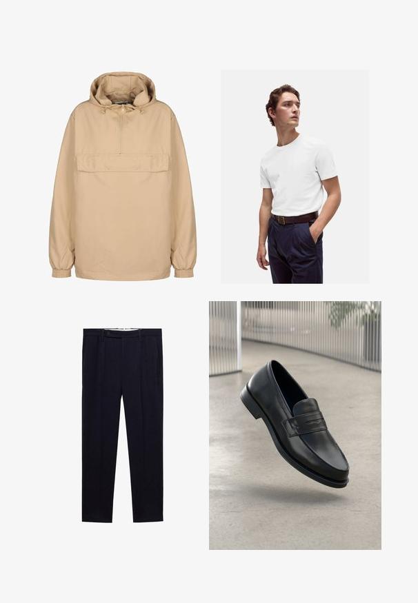 Beige hooded pulloverjack met een halve rits, een voorzak, elastische manchetten en een relaxte pasvorm, gemaakt van glad, lichtgewicht materiaal.; Witte katoenen t-shirt met ronde hals, gedragen met marineblauwe geplooide broek en een bruine leren riem met een gouden gesp.; Marineblauwe broek met een straight leg ontwerp, dubbele plooien en een knoopsluiting in de taille. Gemaakt van een gladde stof zonder patronen.; Zwarte leren loafer met een gladde textuur, spitse neus en een decoratieve band over de wreef. Lichtgewicht zool, minimalistisch ontwerp.