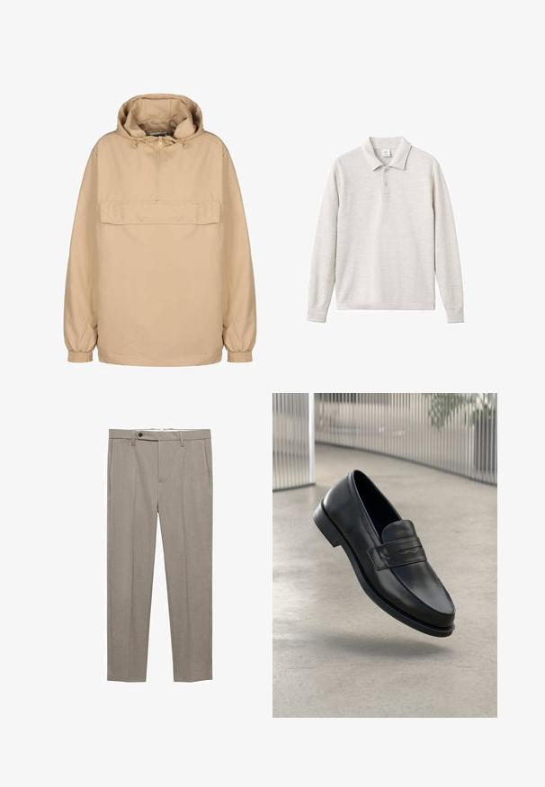 Beige huva pullover jacka med halvdragkedja, framficka, elastiska cuffs och en avslappnad passform tillverkad av ett mjukt, lätt material.; Ljusgrå långärmad polotröja med treknapps knäppning, ribbad krage och muddar, tillverkad av ett mjukt tyg med en slät yta.; Beige skräddarsydda byxor med en slät yta, rak passform och en enda framknapp. Har sidfickor och en ren fåll.; Svart lädersko med slät struktur, spetsig tå och en dekorativ rem över fotryggen. Lätt sula, minimalistisk design.