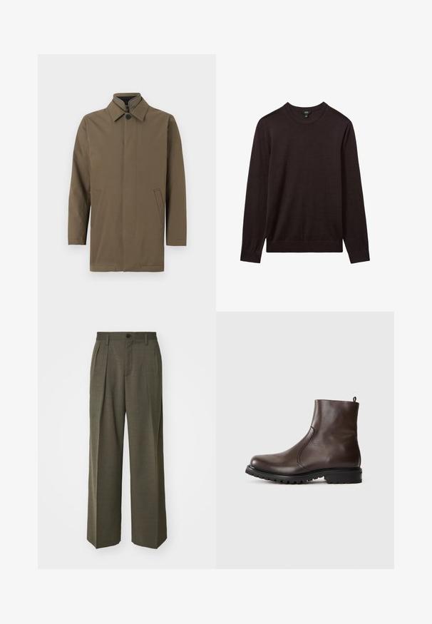 Pruun, kerge mantel kõrge kraega, eesnuppe sulgemisega ja kahe küljetaskuga. Sile tekstuur, sirge lõige ja minimalistlik disain.; Reiss Džemper - dark bordeaux; Filippa K WIDE TROUSERS - Püksid - driftwood; Pruun nahkane sääreking, millel on sile tekstuur, elastsed külgpaneelid, tõmbetabin taga ja robustne kummitald.