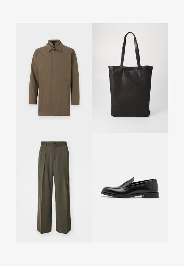 Barna, könnyű kabát magas gallérral, elöl gombos záródással és két oldalsó zsebbel. Simára kidolgozott textúra, egyenes szabás, és letisztult dizájn.; Fehér gombos ing, gallérral, finom függőleges csíkokkal, hosszú ujjal, mellzsebekkel és klasszikus kerekített aljjal.; Filippa K WIDE TROUSERS - Nadrágok - driftwood; Fekete bőr loaferek sima textúrával, kerek orral és dekoratív pánttal a vampnál. Alacsony, rétegelt sarkú, minimalista dizájn.; Fekete vászontáska fekete bőr füllel. Egyszerű dizájn, tágas test és sima textúra. Nincsenek látható logók vagy minták.