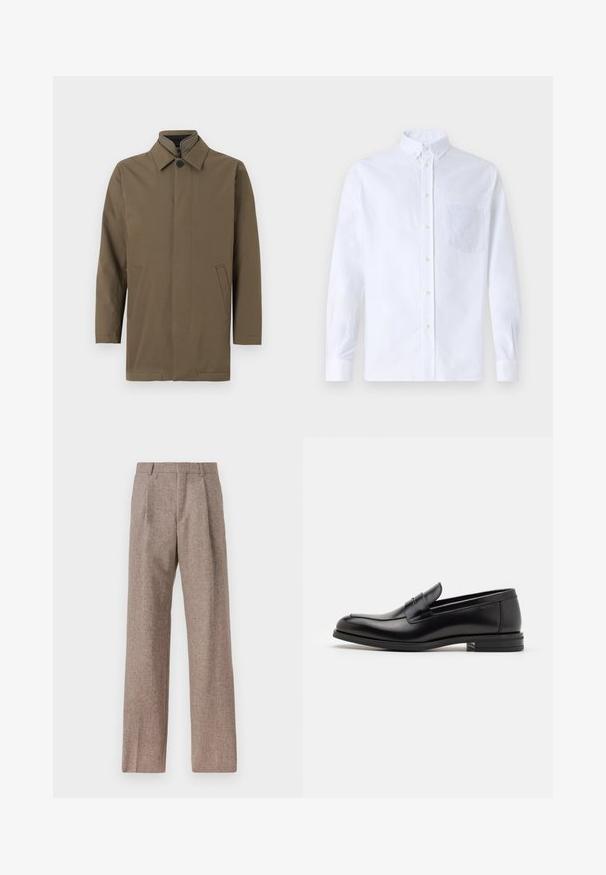 Cappotto leggero marrone con colletto alto, chiusura frontale a bottoni e due tasche laterali. Texture liscia, taglio dritto e design minimale.; Camicia bianca a maniche lunghe con bottoni, realizzata in cotone, caratterizzata da una tasca sul petto con ricamo tonale, colletto e polsini con bottoni.; Pantaloni marroni a vita alta realizzati in tessuto testurizzato. Presentano gambe ampie e due pieghe frontali per struttura. Rifinitura curata senza hardware visibile.; Mocassini neri in pelle con una texture liscia, punta arrotondata e una striscia decorativa sulla tomaia. Tacco basso impilato, design minimalista.