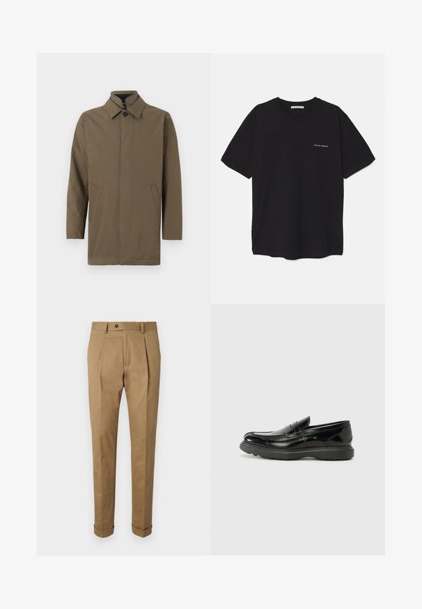 Smeđi, lagani kaput s visokim ovratnikom, prednjim zatvaračem na gumbi i dva bočna džepa. Glatka tekstura, ravni kroj i minimalni dizajn.; Crna pamučna majica s okruglim izrezom, kratkim rukavima i bijelim logotipom otisnutim na lijevoj strani prsnog koša. Jednostavan dizajn u jednoj boji.; Kaki hlače s krojem, koji se dobro uklapaju, s nabranicama, gumbom, petljama za remen i preklopljenim manžetama. Izrađene od glatkog, izdržljivog materijala.; Crne kožne mokasine s sjajnom završnom obradom, okruglim vrhom, suptilnim detaljima šivanja i debelim gumenim đonom za izdržljivost.