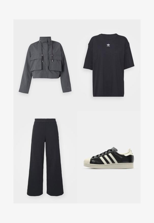 Casaco cinza cortado com um colarinho alto, dois grandes bolsos frontais, detalhes com cordão e um tecido leve e texturizado.; T-shirt de algodão preto com mangas curtas, decote arredondado, apresenta um logótipo branco da Adidas no peito. Design simples, ajuste descontraído.; Calças de fato largas, pretas, feitas de tecido macio, com uma cintura elástica e um pequeno logótipo do lado esquerdo.; Sapatilha de couro preto com riscas brancas, biqueira de borracha, atacadores pretos e sola na cor creme. Textura suave com acabamento brilhante.