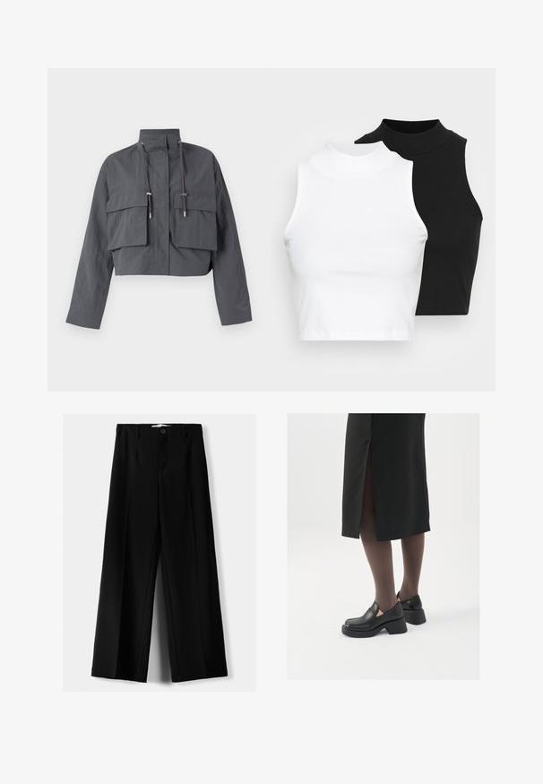 Giacca grigia tagliata con colletto alto, due ampie tasche frontali, dettagli con cordino e un tessuto leggero e testurizzato.; Due top in maglia senza maniche, a collo alto, in nero e bianco, con un design aderente e una superficie liscia, di lunghezza cropped.; Pantaloni neri a gamba larga realizzati in tessuto leggero, caratterizzati da una chiusura frontale con bottone e frontale piatto, con orli cuciti con precisione.; Scarpe in pelle nera con punta arrotondata, tacco spesso a blocco e accenti laterali in elastico, abbinate a collant scuri e una gonna nera con uno spacco.