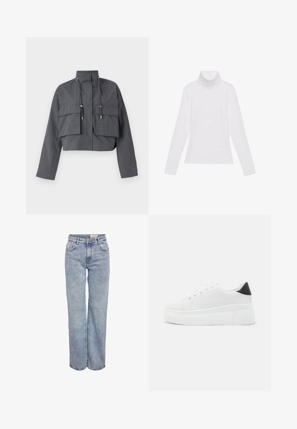 Geschnittene graue Jacke mit hohem Kragen, zwei großen Fronttaschen, Kordelzugdetails und leichtem, strukturiertem Stoff.; Weißes Langarm-Turtleneck-Oberteil aus glattem, elastischem Stoff. Mit hohem Kragen und tailliertem Schnitt, ohne sichtbare Muster oder Verzierungen.; Hellblau weite Jeans aus Denim, mit hoher Taille, fünf Taschen-Design und subtilen Ausbleichungen für einen eingesessenen Look.; Weiße Plateausneaker aus glattem Kunstmaterial, mit runder Zehenform, Schnürdesign und einer strukturierten Gummisohle. Schwarzer Fersenakzent.