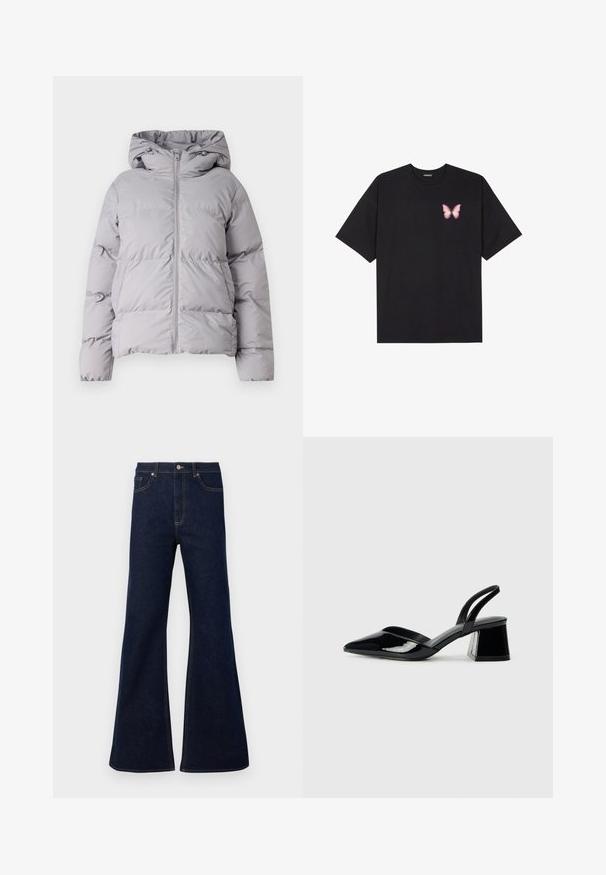 Grå hættepufferjakke med fuld frontlynlås, quiltet design og elastiske mansjetter. Fremstillet af glat, letvægtsstof.; Sort bomulds T-shirt med korte ærmer, prydet med en lille pink sommerfugl grafik på venstre bryst. Rund hals design med en afslappet pasform.; Mørkeblå, flagrende denimjeans med høj talje, for- og baglommer samt gyldne syninger. Glat tekstur med en traditionel pasform.; Sorte patentlæder slingback hæle med spids tå og en geometrisk blok hæl. Har et elegant, minimalistisk design og en glat tekstur.