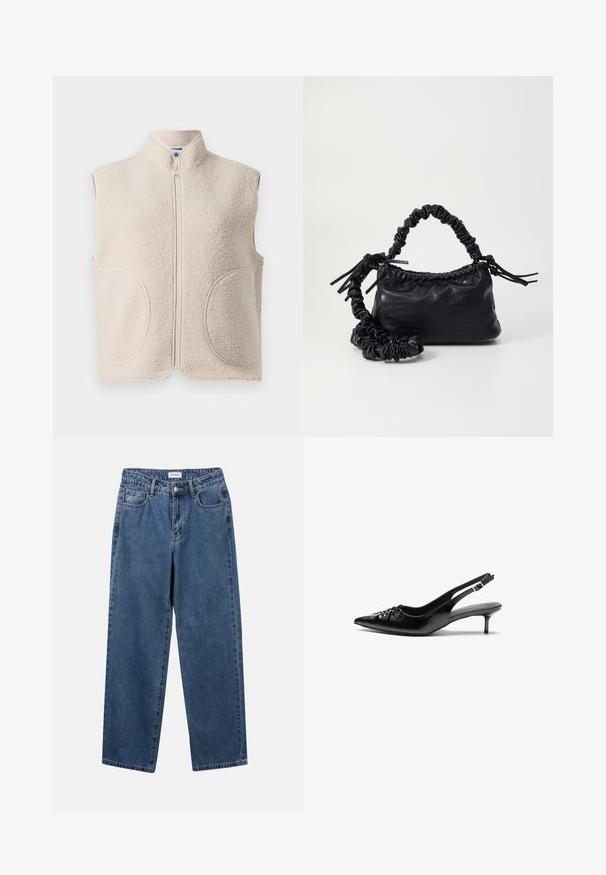 Krémový bezrukávový fleecový vest s vysokým golierom, predným zipsom a dvoma zaoblenými prednými vreckami.; Pruhovaný crop top z off-white pleteniny. Dlhé rukávy s rebrovanou textúrou a malými výrezmi okolo výstrihu.; Klasické modré džínsy z denimu so strihom rovného strihu, piatimi vreckami a zapínaním na gombík. Majú stredné praním a pevnú textúru.; Čierne kožené slingback podpätky s ostrou špičkou, malým podpatkom a dekoratívnym uzlom vpredu. Hladký povrch po celom obvode.; Čierna umelá kožená kabelka s kroko vzorom, sťahovaným vrchom a zhnutým popruhom. Vyzerá mäkko a kompaktné v dizajne.