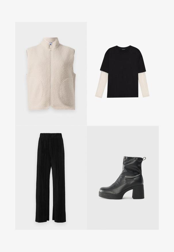 Kremfarget ermeløs fleecevest med stående krage, glidelås foran og to rundede frontlommer.; Svart T-skjorte laget av bomull, med korte ermer over et hvitt langermet lag med en subtil teksturert mønster. Rund hals design.; Sorte plisserte bukser med elastisk midje. Har vide ben og et glatt, strukturert stoff med vertikale striper.; Svarte ankelstøvler laget av glatt lær, med glidelås på siden, chunky strukturert hæl, og rund tå-design.
