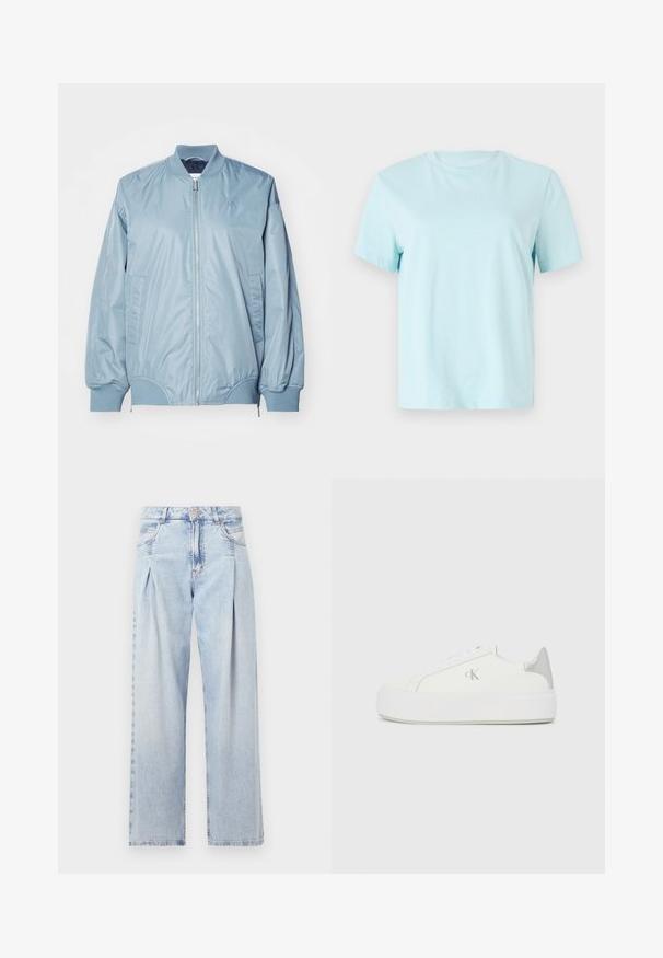 Ljusblå bomberjacka i slätt, glänsande tyg. Har dragkedja fram, ribbad krage, elastiska ärmslut och sidofickor. Litet logotypdetalj.; Ljusblå bomullströja med korta ärmar, rundad halsringning och subtilt broderad "Calvin Klein"-logotyp på framsidan.; Ljust blå denimjeans med hög midja, vida ben, två sidofickor och veckad design. Mjuk textur med en blekt finish.; Vita kanvas sneakers med en tjock vit sula, prydda med en metallisk silverdetalj på hälen och subtil logotypdetalj på sidan.