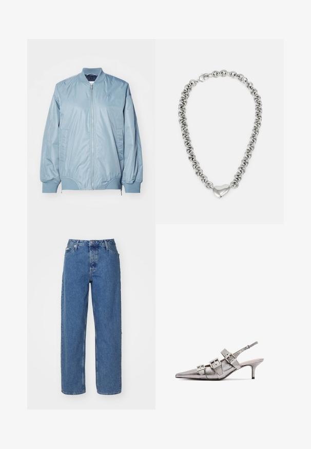 Svetlo modra bomberska jakna iz gladkega, sijočega materiala. Ima zadrgo na sprednji strani, rebrast ovratnik, elastične manšete in stranske žepe. Manjša podrobnost logotipa.; Svetlo roza bombažna majica s krojem okoli vratu, ki ima srebrno vezeno logo "Calvin Klein" in diskretno zasnovo "CK" na prsih.; Svijetloplave traperice s visokim strukom, ravnih nogavica, pet džepova i malo izblijedjelom teksturom. Zatvaranje s zakovicom i gumbom.; Metalni srebrni slingback peti z nazobčenim nosom, ki ima tri široke trakove in kvadratne kovinske zaponke. Sijajna tekstura in vitka peta.; Srebrna verižica z medsebojnimi okroglimi očesi in poliranim srcastim poudarkom na sredini. Vključena je varna zaponka.
