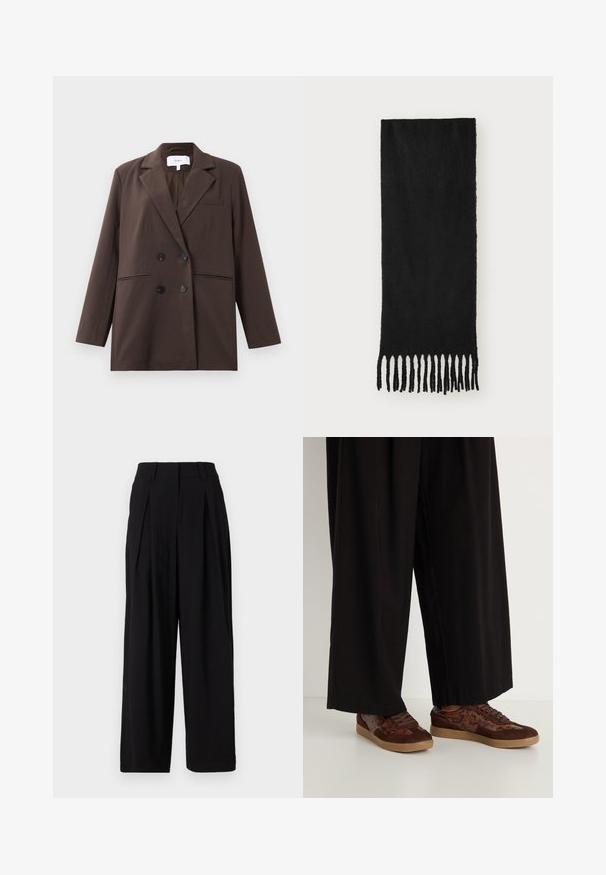 Brun dobbeltradet blazer med sorte knapper, slå-om-revers, lange ærmer og tre forreste lommer, lagt fladt på en hvid baggrund.; Brun ærmeløs top i blødt stof, med samlede skuldre og sidelæggede detaljer, sømløs halsudskæring og tætsiddende silhuet.; Sorte vide benbukser lavet af glat stof, med en høj talje, folder foran og en flydende silhuet.; Brune sneakers med en blandet materialedesign med ruskind og slangeprintdetaljer, rund tå, snørelukning og teksturerede gummisåler.; Sort tørklæde lavet af blødt stof med en glat tekstur, med knyttede frynser i enderne og i rektangulær form.; Sæt med tolv hoop øreringe i sølv- og guldfarver. Inkluderer snoede, glatte og teksturerede designs i forskellige størrelser og overflader.