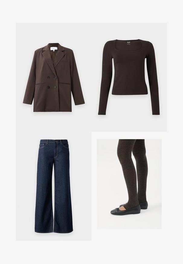 Bruine dubbelgeklede blazer met zwarte knopen, notch-lapels, lange mouwen en drie voorkant zakken, platgelegd op een witte achtergrond.; Zwarte lange mouwen, getailleerde top met een vierkante halslijn, gelabeled GAP, weergegeven op een witte achtergrond.; Stijlen met wijde pijpen in donkerblauw denim. Kenmerkt zich door contrasterende stiksels, vijf zakken en een knoopsluiting in de taille. Soepele textuur.; Zwarte platte schoenen met een kleine strikdetail op de neus, gecombineerd met donkerbruine geribbelde panty’s. De schoenen hebben een gladde textuur en een lage profiel.