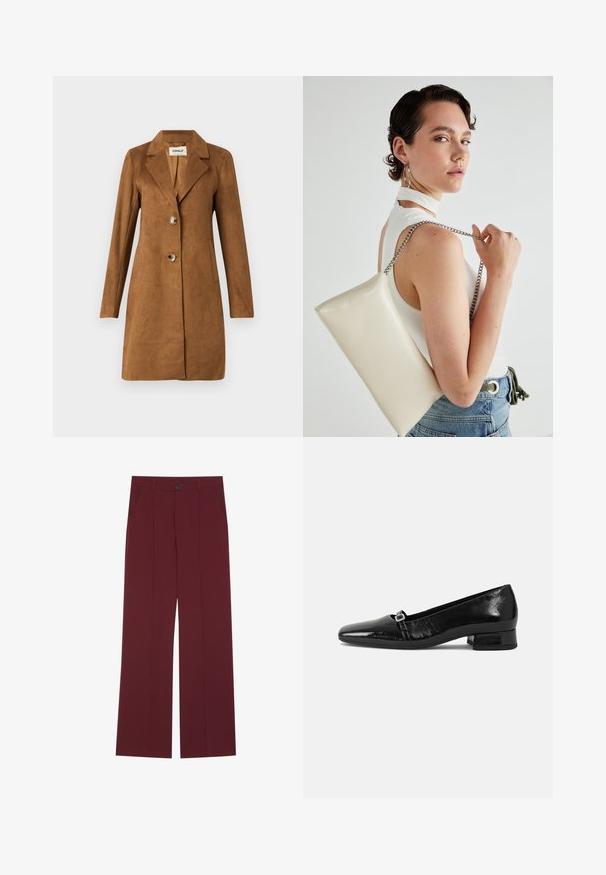 Abrigo largo marrón, tipo ante, con cuello, dos bolsillos frontales y cierre de doble botón. Textura suave y corte entallado.; Suéter de cuello alto en color burdeos con acanalado, de mangas largas y silueta ajustada. Textura suave, diseño minimalista y sin herrajes visibles.; Pantalones burdeos con un diseño de pierna ancha, que cuentan con un cierre de botón, dos bolsillos laterales y detalles de pliegues en la parte frontal. Textura de tela suave.; Bailarinas de charol negro con punta afilada, tacón cuadrado bajo y un pequeño detalle de hebilla metálica en la correa. Textura suave.; Bolso de mano rectangular blanco, hecho de un material brillante, con una cadena plateada. La modelo posa, mostrando el bolso frente a un fondo liso.