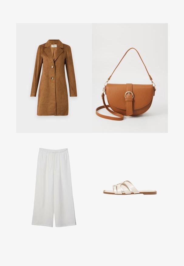 Rjav, semi-elastičen dolgi plašč s ovratnikom, dvema sprednjima žepoma in dvojno gumbno zapenjanjem. Gladka tekstura in prilagojen kroj.; Bela dolga majica s dolgimi rokavi iz rebraste tkanine, ki ima okroglo ovratnico in ravno rob. Preprost, enobarven dizajn.; Bele široke hlače iz lahkega materiala, ki imajo elastičen pas in vrvico za prilagajanje. Gladka tekstura.; Ravne sandale s svetlo rjavim gumijastim podplatom, zasnovane s tremi prekrivajočimi se belimi usnjenimi trakovi in majhnim lokom na sredini.; Rjava usnjena torbica prek telesa s ukrivljeno obliko, zlate opreme in sponko. Ima odstranljiv naramni trak.