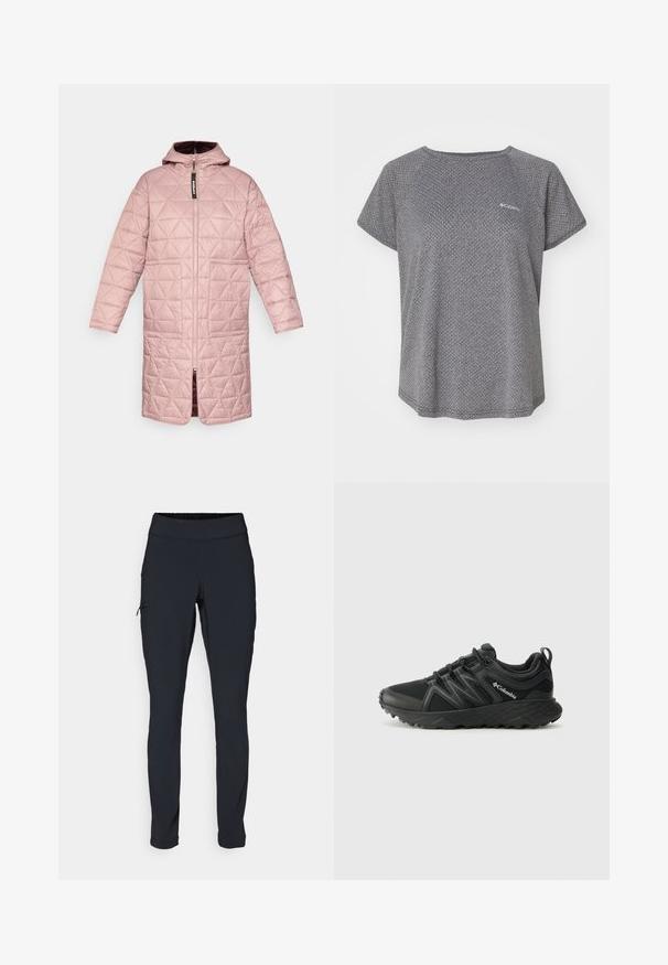 Polstret jakke i lyserød med hætte, der har et kviltet diamantmønster, frontlynlås og to påsyede lommer. Glat tekstur.; Grå kortærmet skjorte med et subtilt struktureret mønster, rund halsudskæring og Columbia-logo på brystet. Blødt stof, afslappet pasform.; Svarte atletiske bukser med slim fit, elastisk talje og en side lomme med lynlås. Glat, strækbart stof med minimale sømme.; Columbia PEAKFREAK - Hikingsko - black