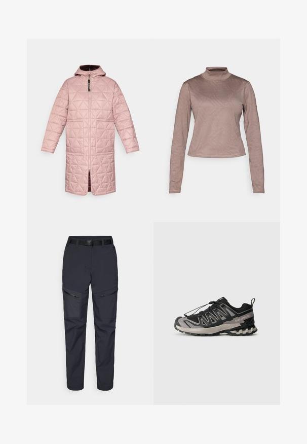 Padded coat in light pink with a hood, featuring a quilted diamond pattern, front zipper, and two patch pockets. Smooth texture.; Columbia GRANITE POINT™ - Long sleeved top - iron; Navy outdoor pants made of synthetic material, featuring zippered pockets, a belt, and a tapered leg design. Smooth texture with minimal accents.; Black and gray athletic shoe with mesh upper, rubber sole, and elastic lace system. Features a reinforced toe and textured accents.