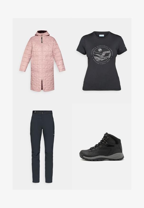 Padded coat in light pink with a hood, featuring a quilted diamond pattern, front zipper, and two patch pockets. Smooth texture.; Black Columbia t-shirt with white circular mountain and river line art and text "Columbia Sportswear Company Outside Since 1938."; Men's outdoor pants, dark gray, made from flexible material, featuring a belt, zippered pockets, and reinforced stitching.; Black hiking boot with a mid-top design, featuring a textured upper, gray accents, and durable rubber sole with traction lugs.