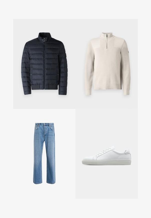 Laivastonsininen puhvijakku, jossa on seisomakaulus, vaakasuuntainen tikkauskuvio, etuvetoketju ja sivutaskut. Varustettu ribatulla hihansuulla ja helmalla.; Vaaleanbeige neulepusero, jossa on neljännesvetoketju, ribbireunus kauluksessa, hihoissa ja helmassa, ja vasemmassa hihassa on pieni nauha.; Vaaleanharmaa lyhythihainen t-paita, joka on valmistettu pehmeästä materiaalista. Paitassa on pyöreä pääntie ja rento malli ilman näkyviä kuvioita tai yksityiskohtia.; Vaaleansiniset farkut suoranlahkeisella muotoilulla, viisi taskua, nappisuljenta, vähäinen kuluminen ja kontrastiväriset ompeluyksityiskohdat.; Valkoinen tennari, jossa on sileä nahkapäällinen ja matala profiili. Ominaisuuksiin kuuluu pyöreä kärki, kuusi rei'itystä ja teksturoitu kumipohja.