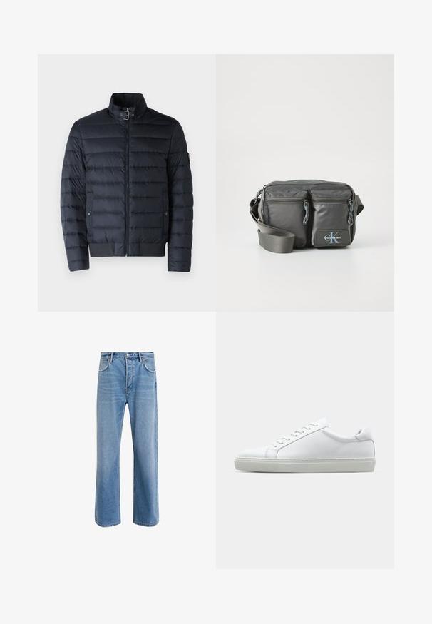 Chaqueta acolchada de color marino con cuello alzado, diseño de acolchado horizontal, cierre frontal de cremallera y bolsillos laterales. Presenta puños y dobladillo acanalados.; Camisa de manga larga y cuello perkins en algodón color crema claro. Textura suave, corte holgado, diseño minimalista, sin patrones ni acentos visibles.; Jeans de mezclilla azul claro con un diseño de pierna recta, cinco bolsillos, cierre de botón, ligeramente desgastados y detalles de costura en contraste.; Zapatilla blanca con parte superior de cuero liso y perfil bajo. Presenta una puntera redondeada, seis ojales y una suela de goma texturizada.; Bolso bandolera de nylon gris con dos bolsillos frontales con cremallera, correa ajustable y acento de logo. Textura suave con un diseño moderno.